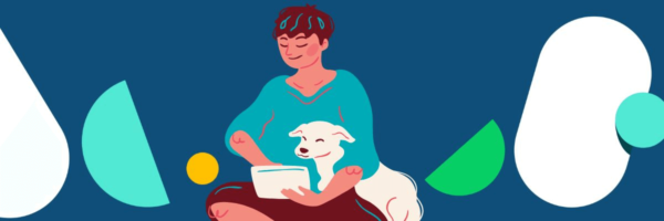 Illustration of a relaxed person with a dog, using a tablet, surrounded by colorful abstract shapesāsymbolizing stress-free productivity and balance.