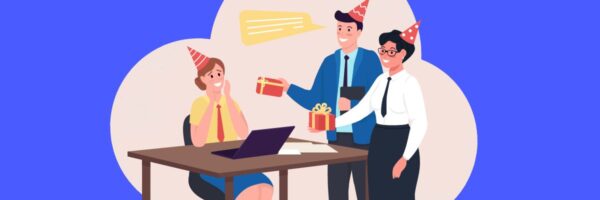 A cheerful office celebration with three employees, two holding gifts and wearing party hats, while one smiles at the desk. 