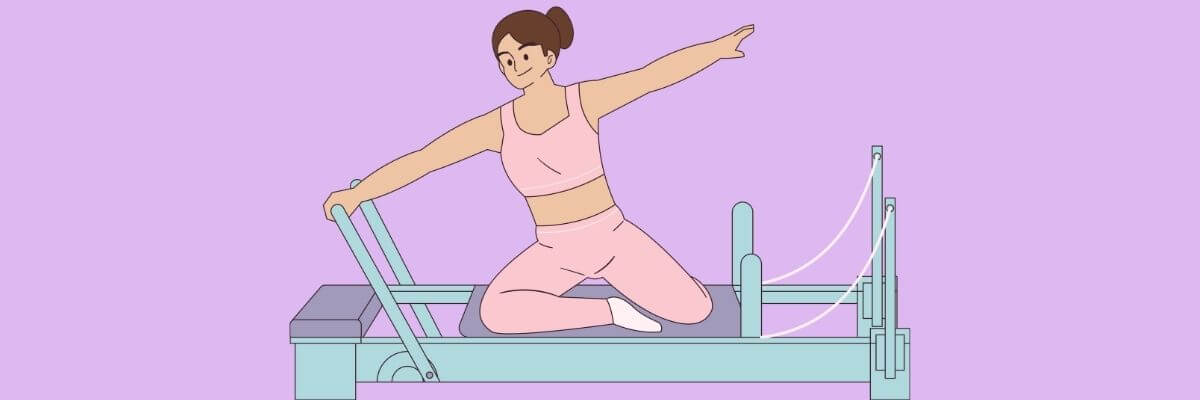 Illustration of a woman in pink workout clothes doing Pilates on a reformer machine against a light purple background.