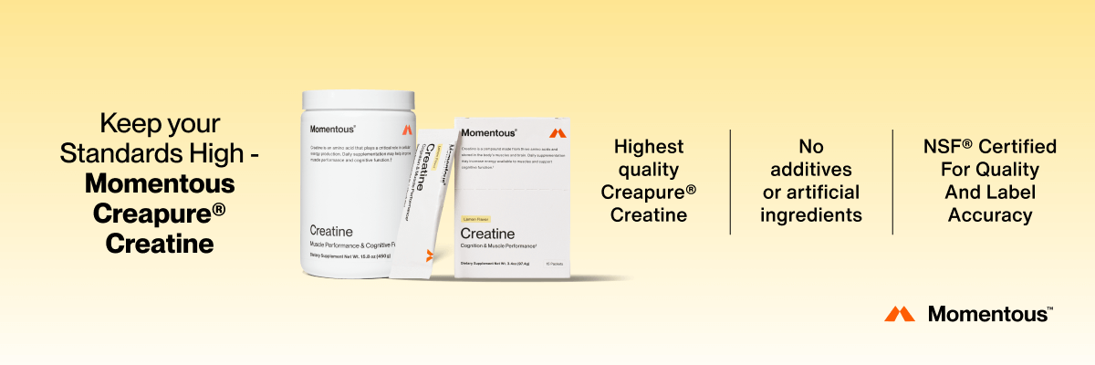 Advertisement for Momentous Creatine featuring three product packages on a yellow background. Text reads: “Keep your standards high – Momentous Creapure® Creatine,” with highlights including “Highest quality Creapure® Creatine,” “No additives or artificial ingredients,” and “NSF® Certified for Quality and Label Accuracy.” Momentous logo appears at the bottom right.