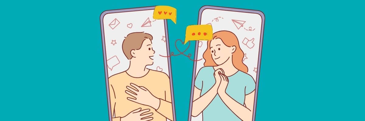Illustration of a man and woman smiling warmly at each other from separate phone screens, with chat bubbles and heart icons showing a digital connection.