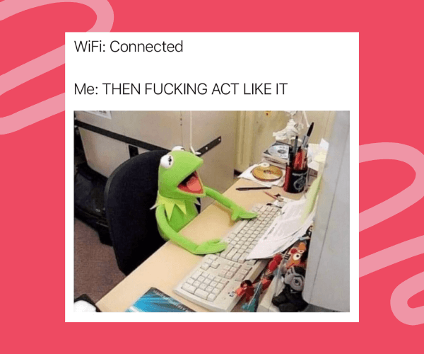 Meme showing Kermit the Frog at a computer, looking frustrated. The text above reads, "WiFi: Connected / Me: THEN FUCKING ACT LIKE IT.”