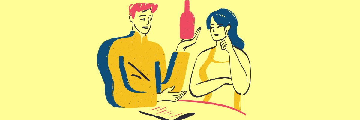 Stylized illustration of a man offering a bottle to a woman who looks hesitant, with both seated at a table on a yellow background.