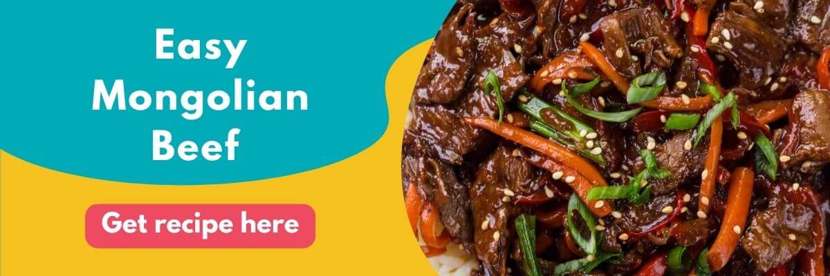 Colorful banner with the text “Easy Mongolian Beef” and a button that says “Get recipe here,” alongside a close-up of saucy beef with carrots, green onions, and sesame seeds over rice.