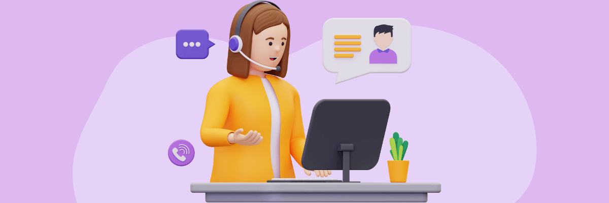 3D cartoon-style illustration of a woman wearing a headset, standing at a desk with a computer, chatting with a customer whose icon appears in a speech bubble—representing virtual customer service or remote support.