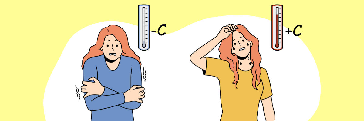 Cartoon of the same woman in two scenarios: on the left, she's shivering in a blue sweater under a low thermometer marked with “–C,” and on the right, she's sweating in a yellow shirt under a high thermometer marked with “+C”—illustrating discomfort in extreme temperatures.