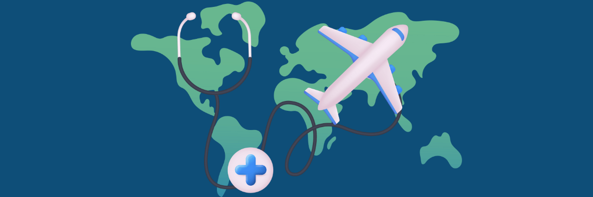 llustration of a stethoscope wrapped around a flying airplane in front of a world map, symbolizing global healthcare or medical travel.