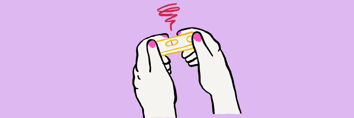 Illustration of two hands with pink-painted nails holding a yellow pregnancy test, with a red squiggly line above it on a light purple background.