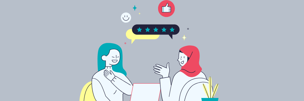 Illustration of two women happily chatting across a table with a laptop, surrounded by icons like a thumbs-up, smiley face, and five-star review bubble, symbolizing positive feedback and meaningful connection.