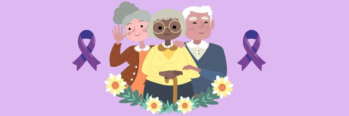 Cartoon of three smiling older adults surrounded by flowers, with two purple awareness ribbons on each side, all set against a light purple background.